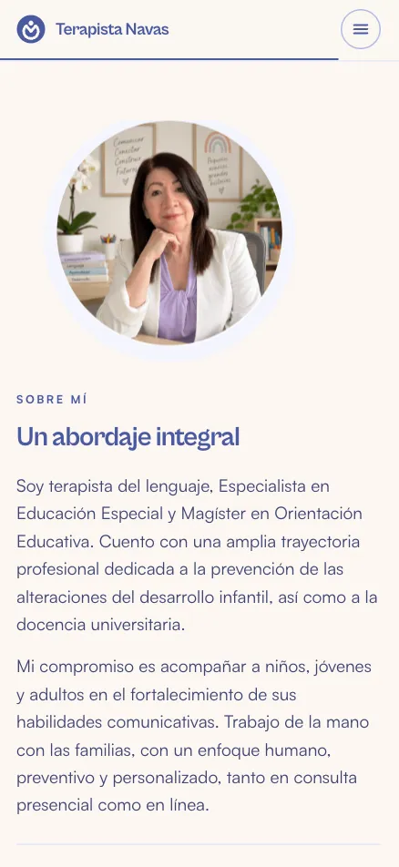 Sección Sobre mí con foto de la terapeuta, versión móvil